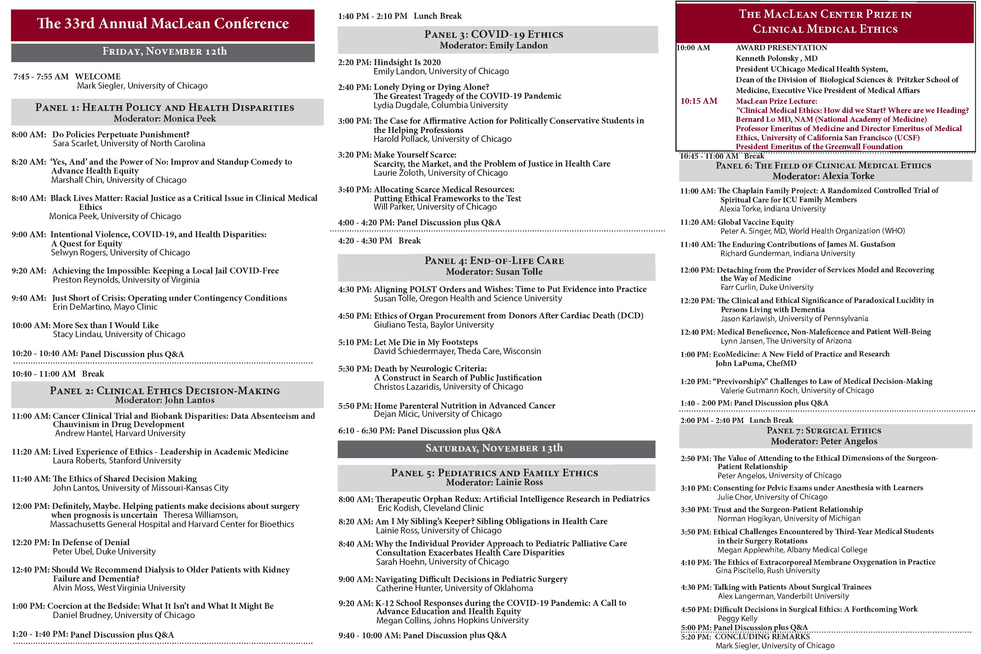 33rd Annual Dorothy J. MacLean Fellows Conference on Clinical Medical Ethics Agenda