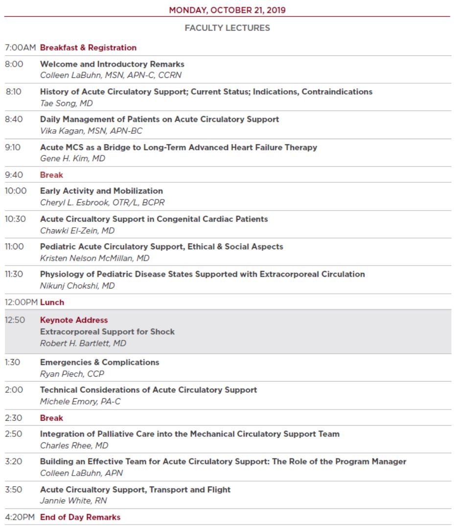  2019 Acute Circulatory Support Symposium Schedule