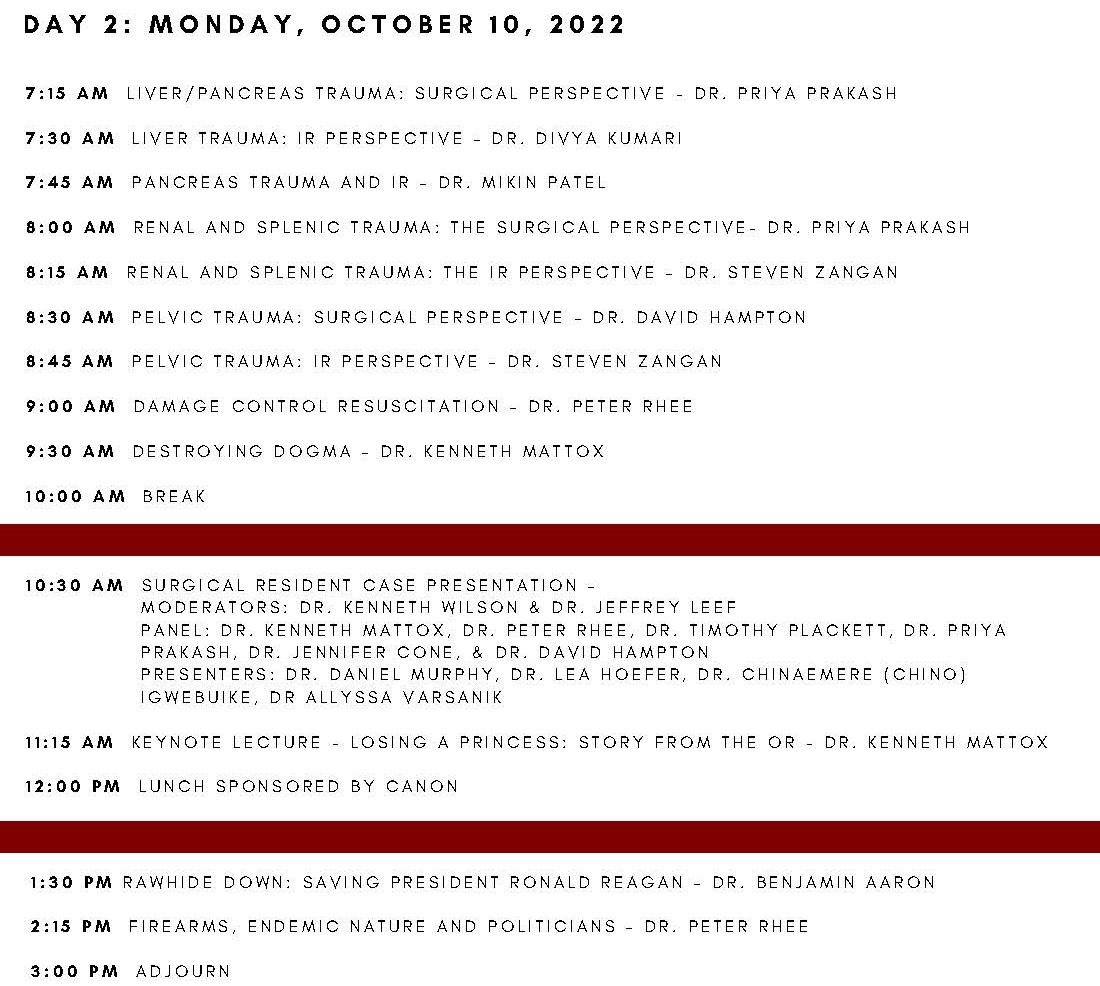 How to Save a Life: IR and Surgical Management of the Trauma Patient Schedule