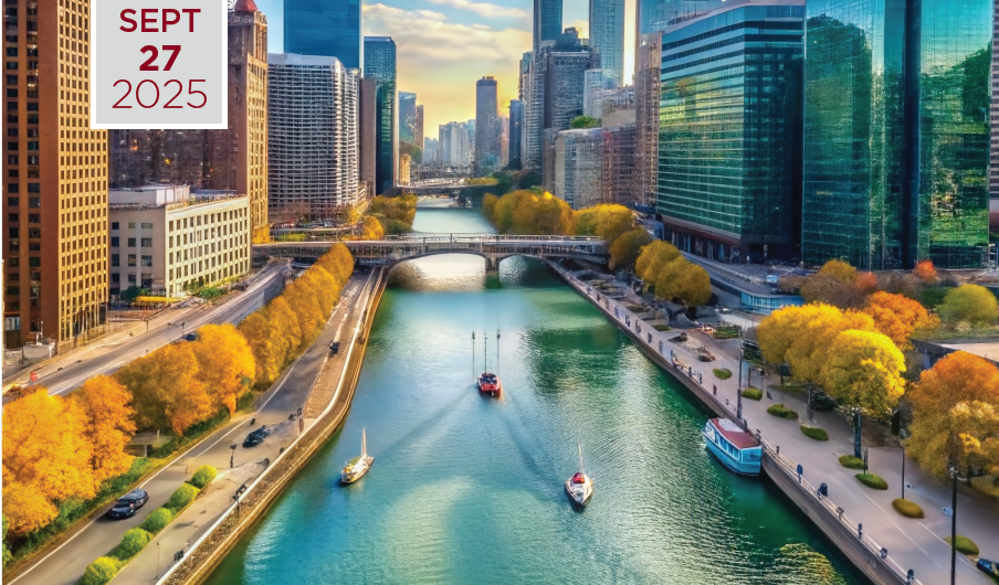 Aerial view of the Chicago River winding through downtown Chicago, framed by skyscrapers and historic bridges.
